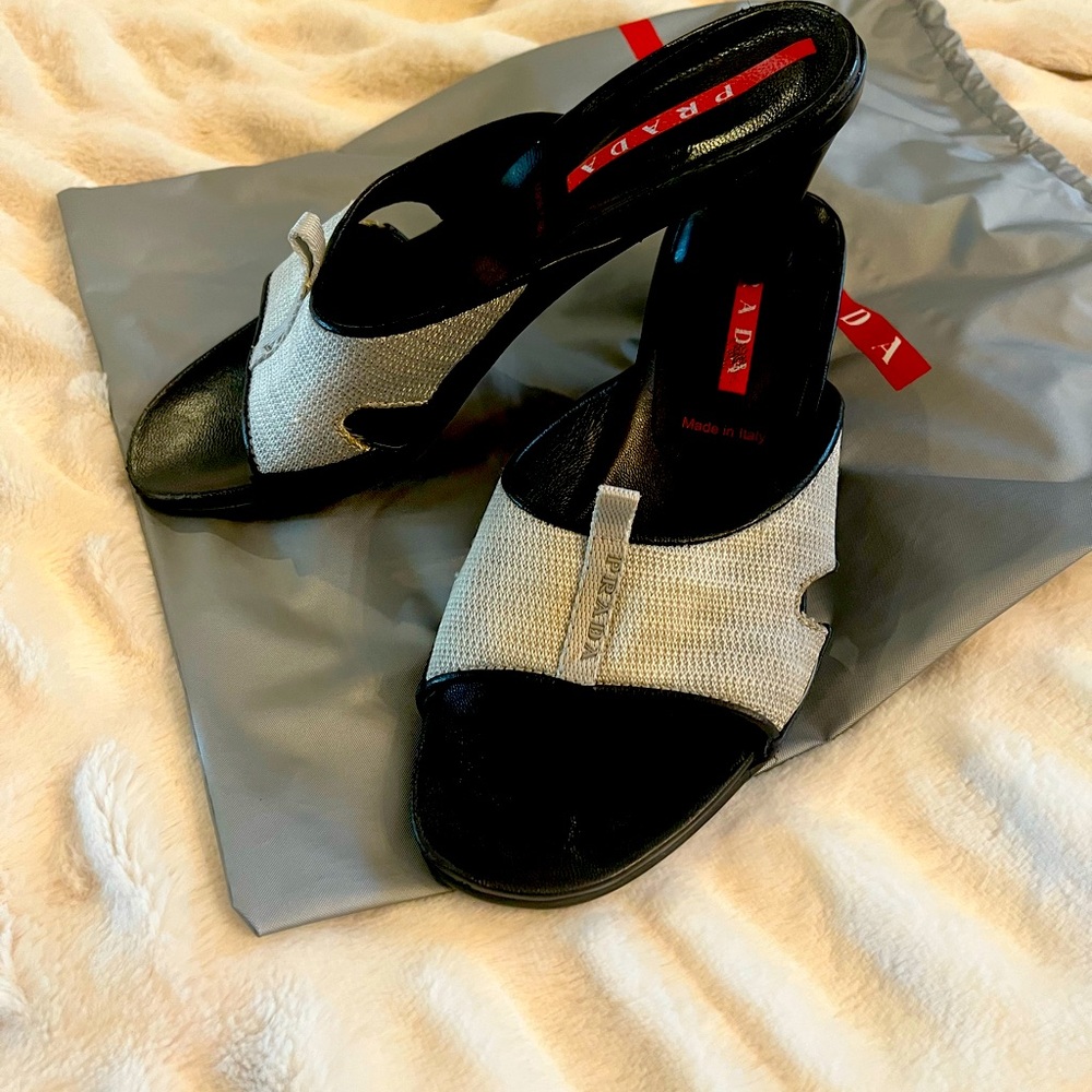 PRADA Silver grey subtle metallic fabric top, black sole mules. Size 37 1/2.